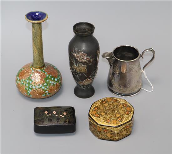 A Japanese mixed metal vase, an aesthetic plated milk jug and two papier mache boxes and a Doulton vase